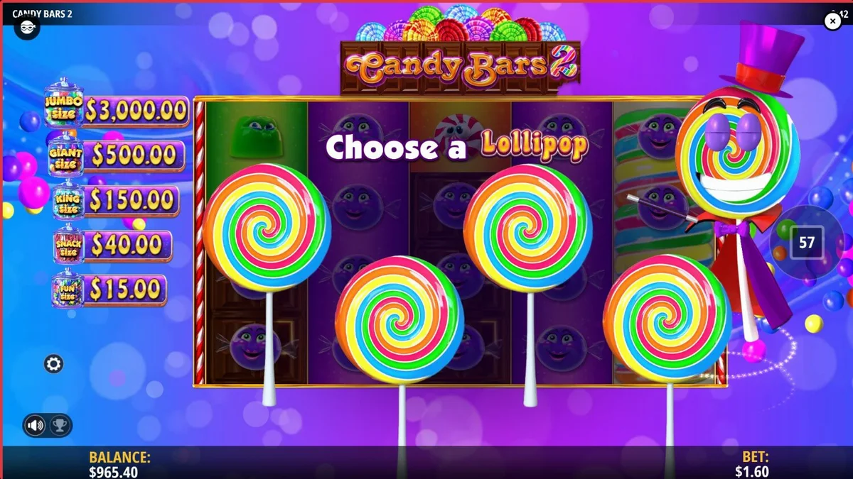 Interface colorida e moderna do slot Candy Bars 2 com símbolos de doces e chocolate