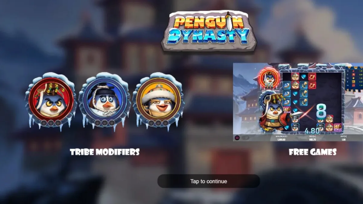 Cenário gelado e imperial do slot Penguin Dynasty